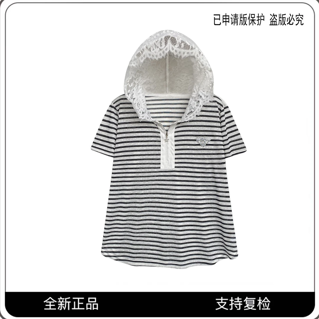 #68028#CSIN高奢条纹拼接蕾丝连帽短袖T恤衫2025百搭洋气个性上衣