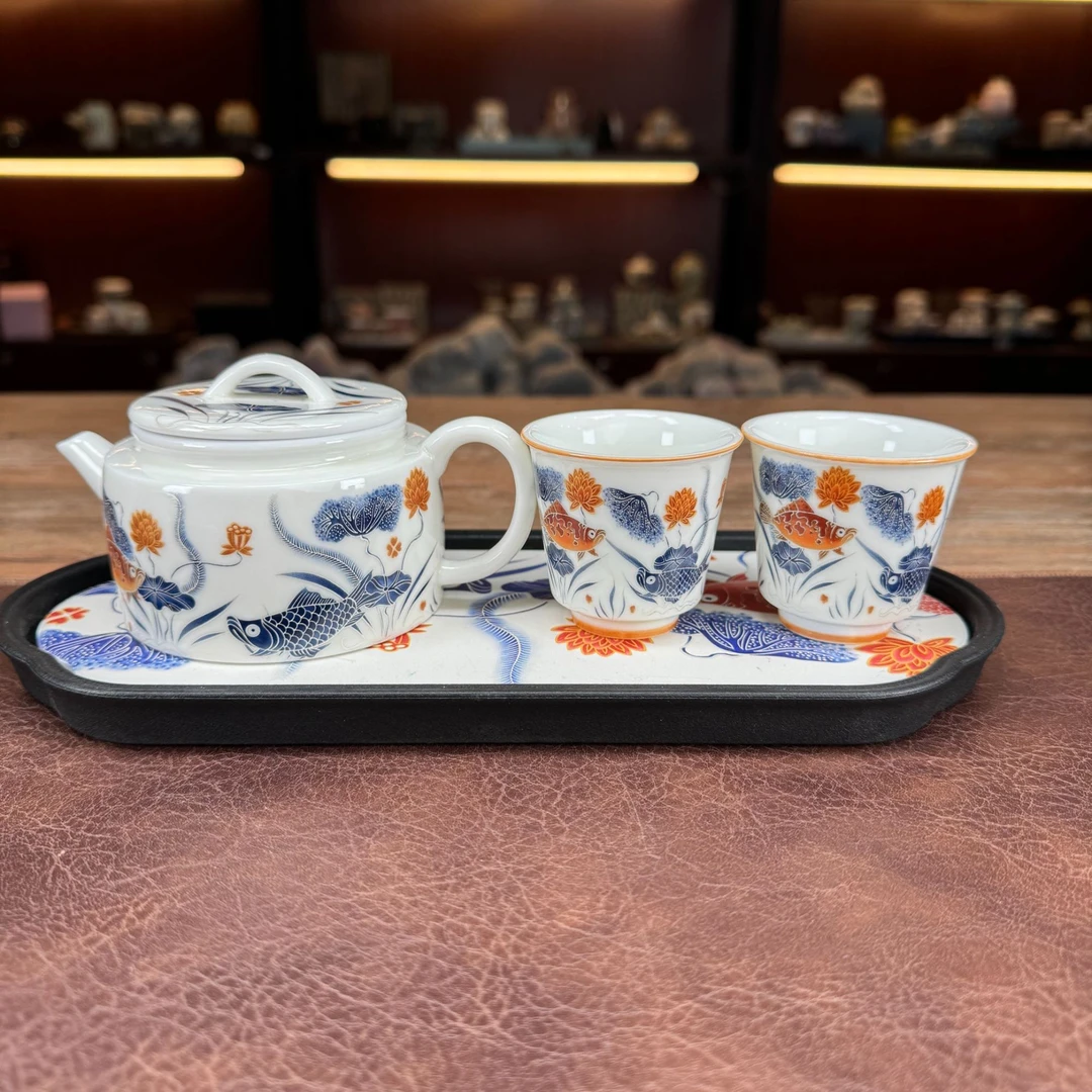 一鸣 鱼藻纹汉瓦壶+2杯+干泡盘2223