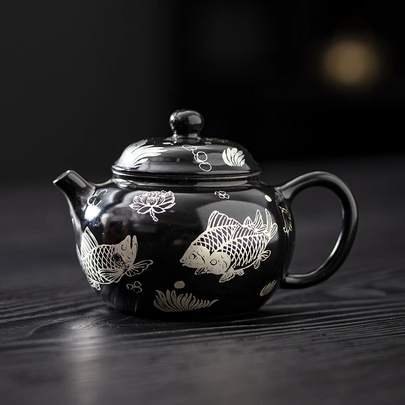 原矿老岩泥半手鱼藻纹纯银圆珠壶家用办公正把茶壶功夫茶具207