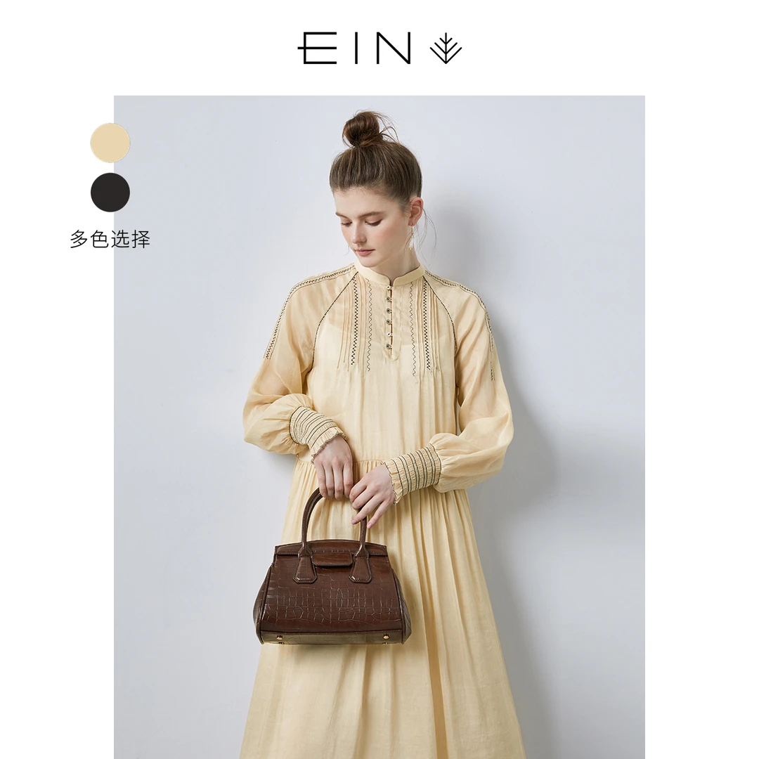 EIN/言春季复古气质长袖宫廷袖立领优雅高腰A字型时尚连衣裙女