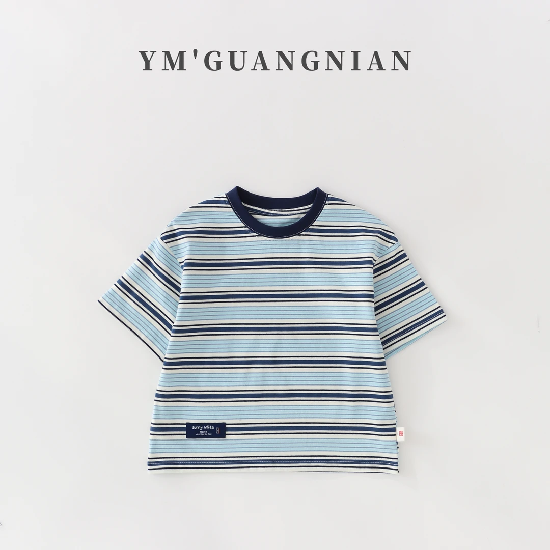 【幼棉光年】夏季男童休闲百搭服装印花条纹T恤小孩衣服1220285