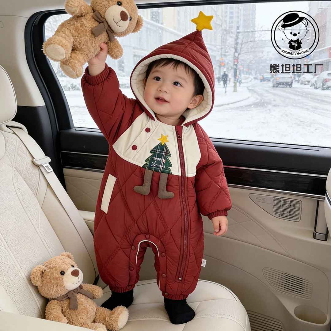 婴儿连体衣冬加厚外出服超萌韩系婴幼儿夹棉加绒连帽爬服冬季新款