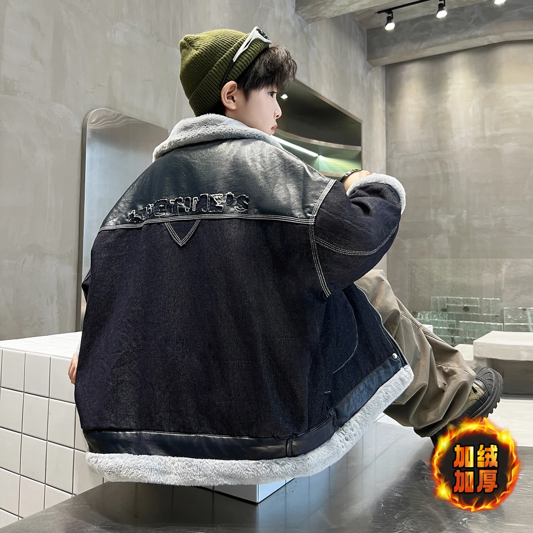 男童加绒外套一体绒2025新款儿童秋冬装夹克中大童牛仔上衣加厚潮