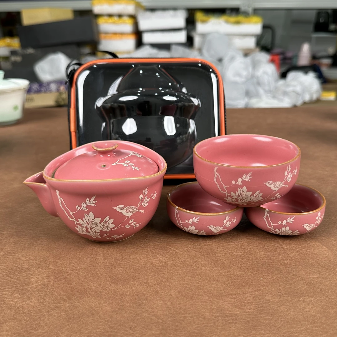 409-蓦然山房一壶三杯粉汝快客包旅行茶具套装女生用陶瓷露营车载