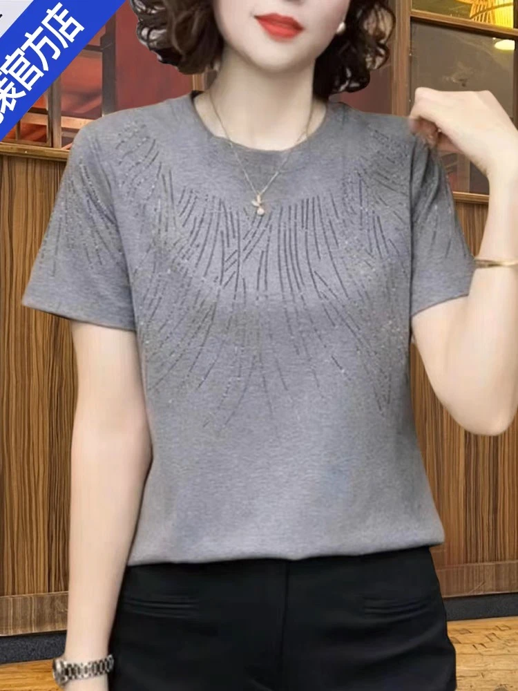 重工镶钻短袖T恤女2025夏季新款中年妈妈装宽松大码遮肉显瘦上衣