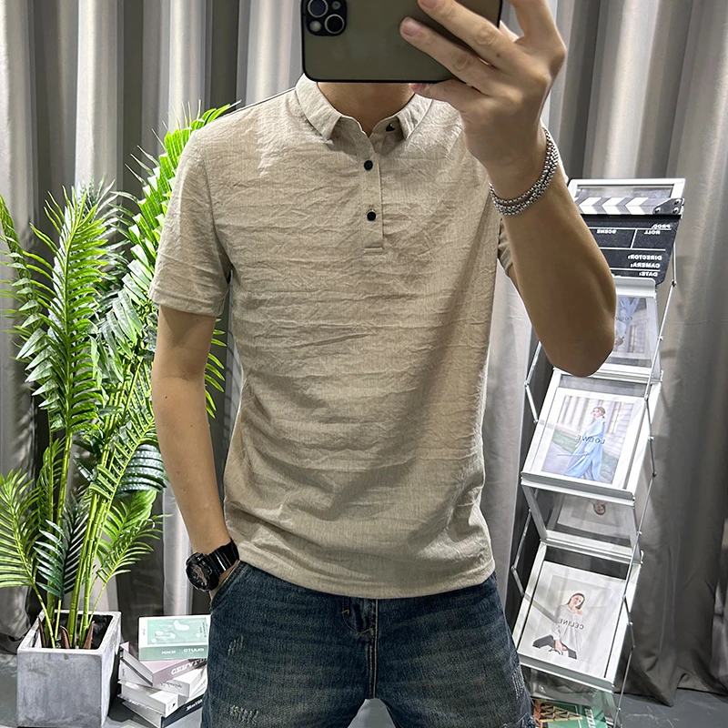 天丝棉麻短袖polo衫男士纯色2025夏季新款修身翻领T恤凉感薄上衣
