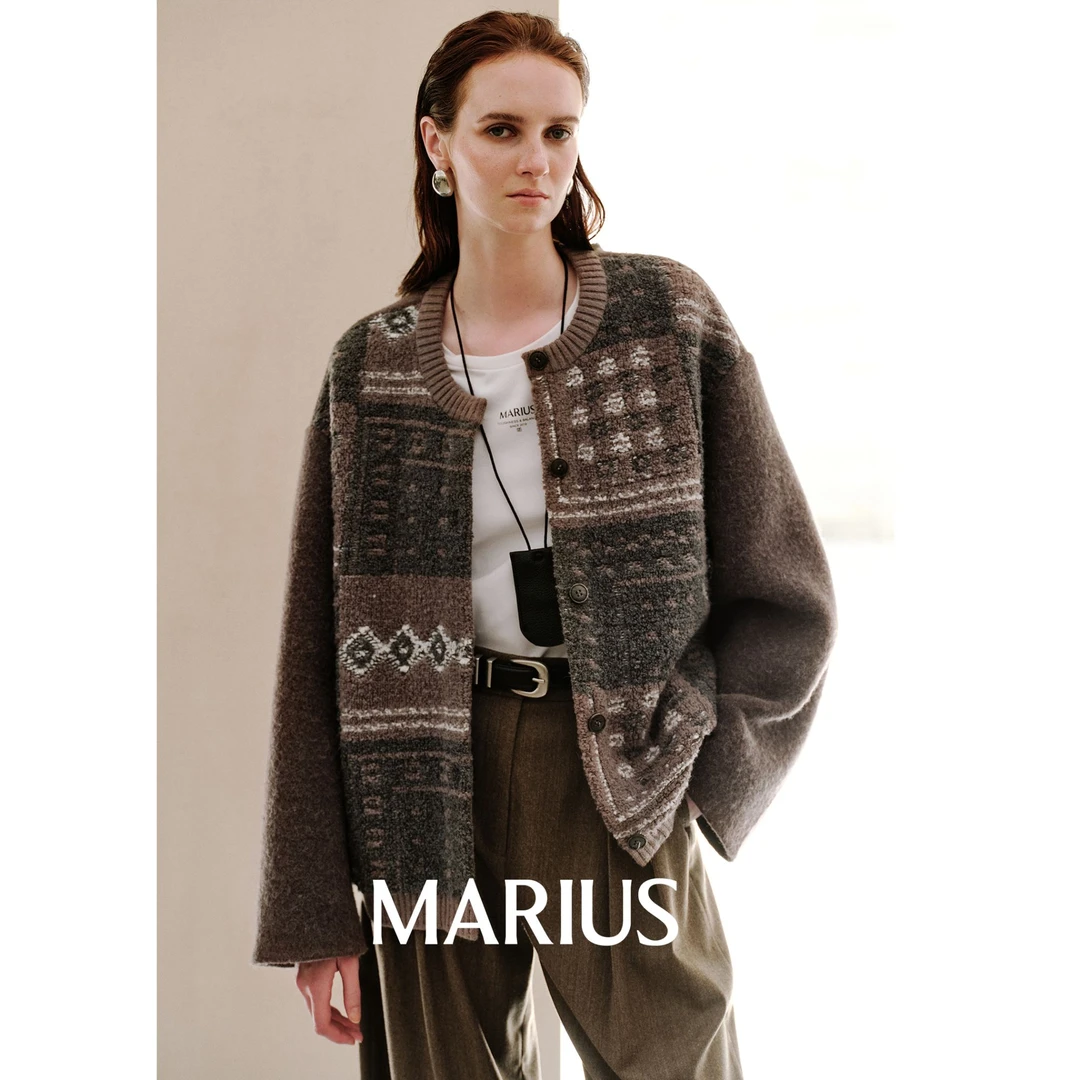 MARIUS"多米诺"混纺极简几何费尔岛提花拼接短大衣