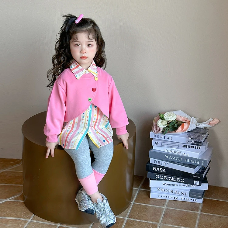 彩虹泡泡假两件套装女童春秋季