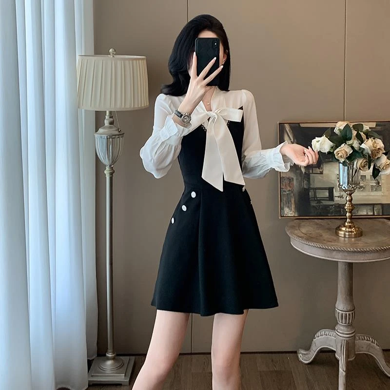 秋季职业轻熟御姐风裙子小个子减龄显瘦长袖小香风假两件连衣裙