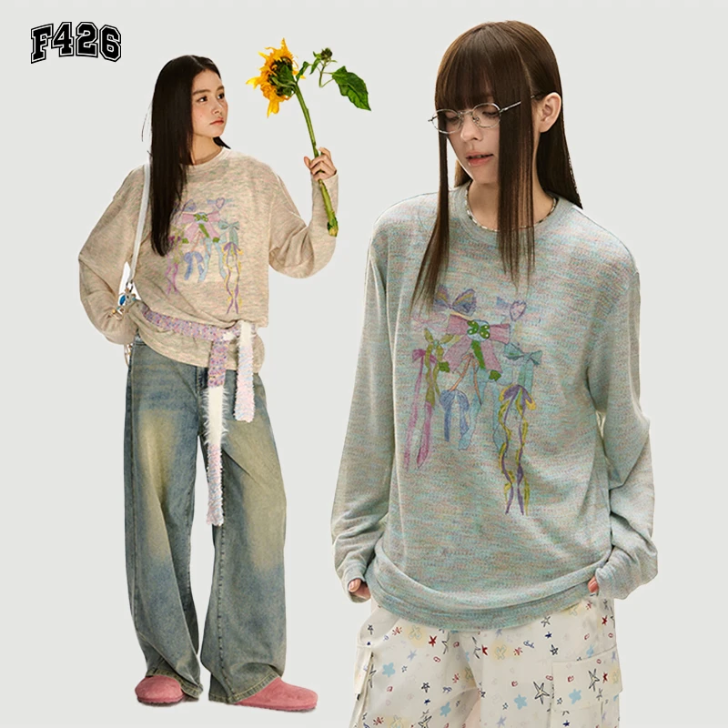 F426印花宽松运动彩纱蝴蝶结罩衫长袖T恤 6514