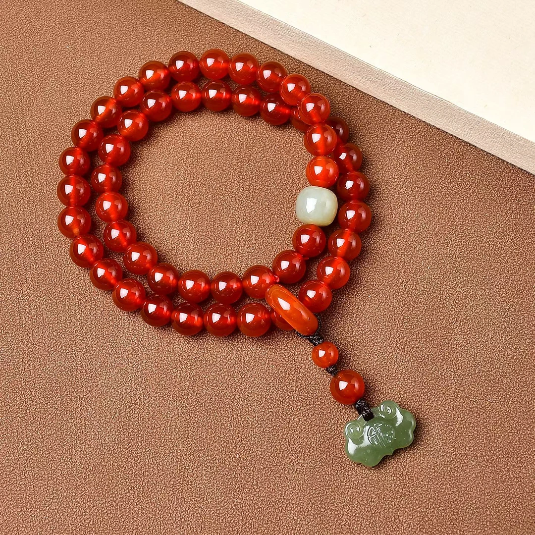 天然红黑白玛瑙圆珠搭配双面如意锁双圈手链念珠如意佛珠寓意美好