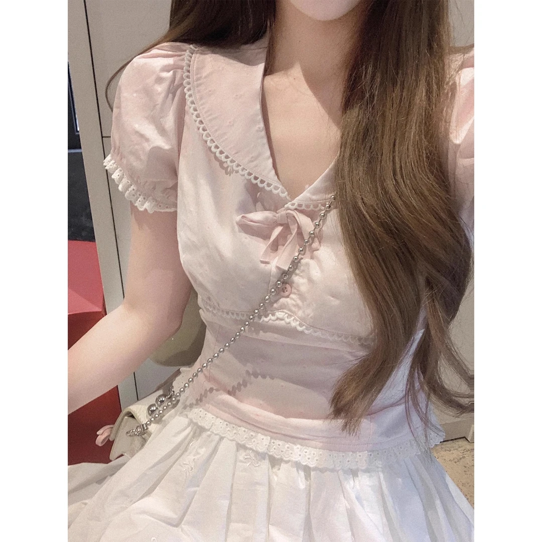 显瘦夏季法式小众纯欲甜美设计感温柔小个子系带短袖t恤