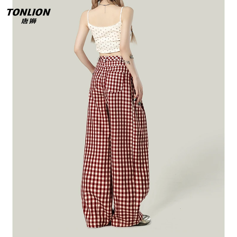唐狮夏季多巴胺红格宽松休闲裤女美式复古慵懒bf风高腰阔腿遛弯裤