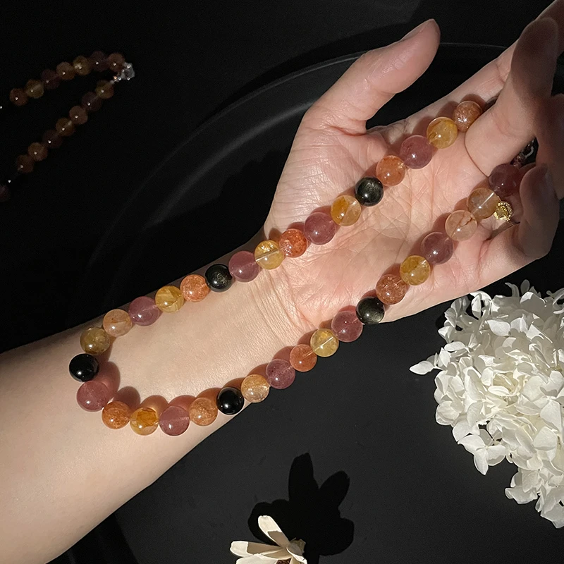 美拉德色系红草莓黄胶花黑曜石多宝项链 多样性发其一