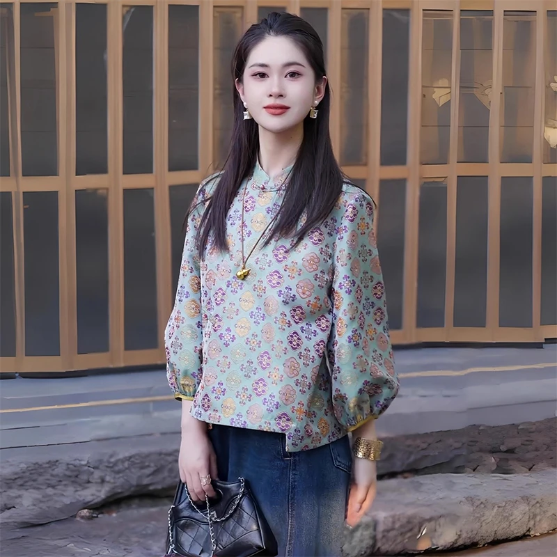 拉夏贝尔时尚新中式衬衫女2025秋季新款宽松显瘦印花休闲百搭上衣