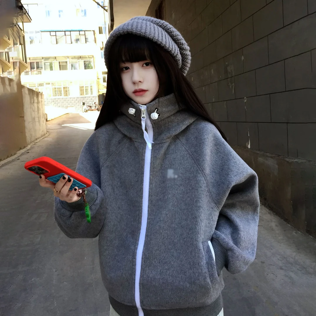 美式连帽卫衣女秋冬季穿搭2026新款灰色拉链外套宽松休闲情侣开衫