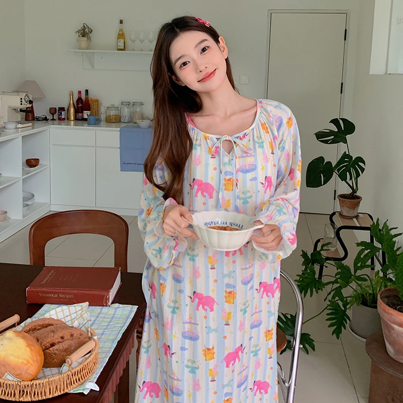 侘町2025年新款游乐园长袖睡裙女春秋款纯棉睡衣可外穿卡通家居服