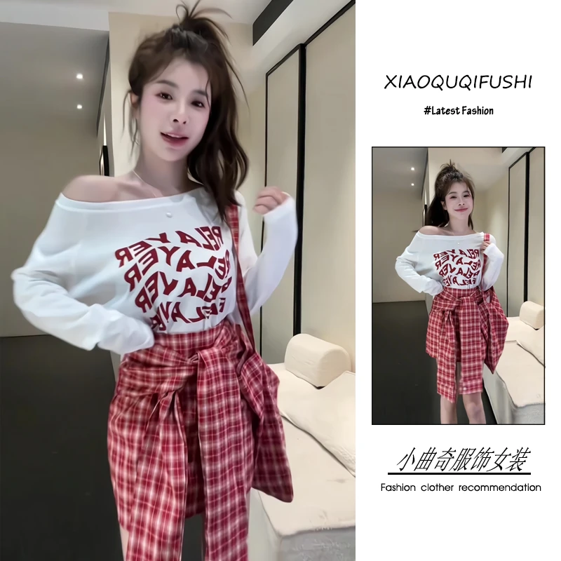 夏季流行穿搭一整套新款2025年韩版ins辣妹风字母T恤格纹裙两件套
