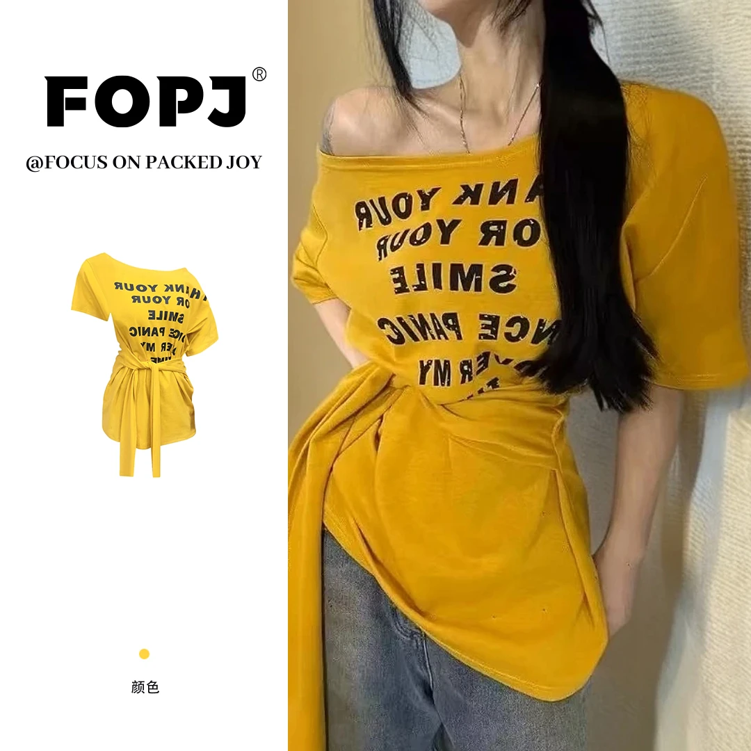 FOPJ韩系一字肩短袖t恤夏季宽松绑带设计感时尚百搭气质辣妹上衣