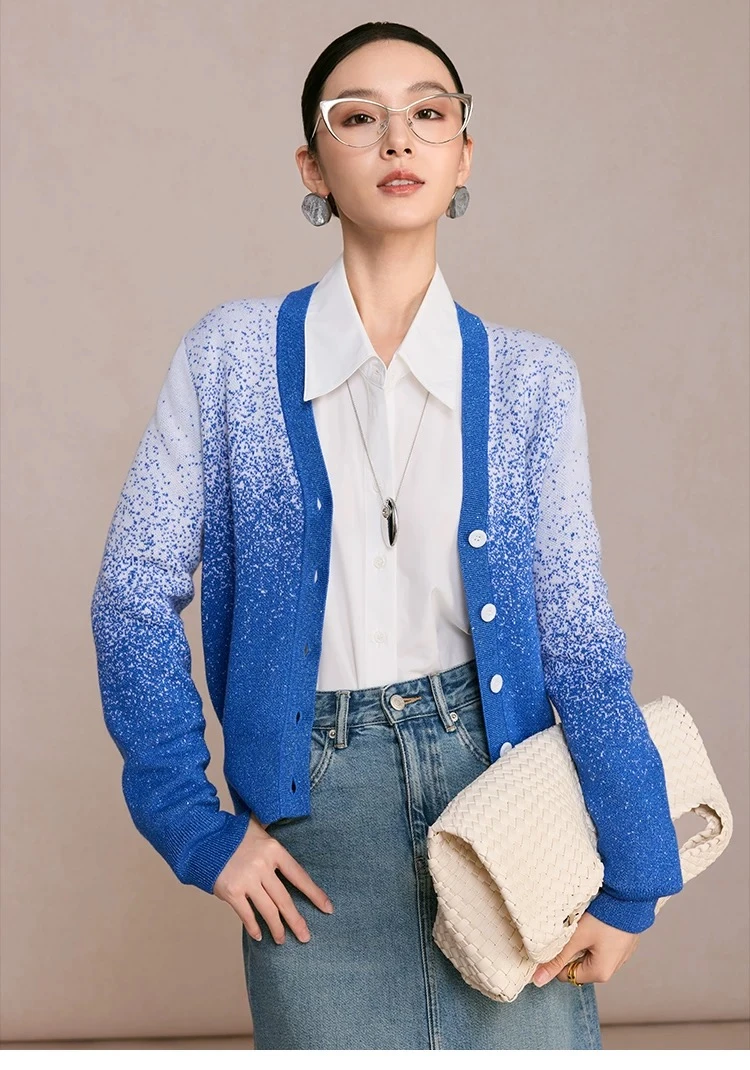 曼德S短款针织衫全羊毛蓝白渐变套头POLO领毛衫