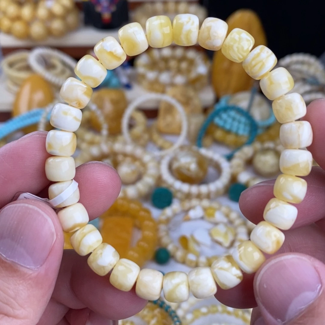 蜜蜡未镶嵌手链瓷白虎皮纹8mm