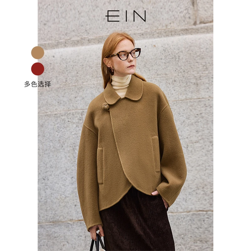 EIN/言新中式绵羊毛国风偏襟大翻领贴袋双面呢短大衣2025秋冬新款