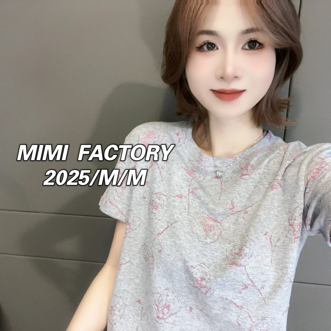 芈芈 2025新款短袖 烧花玫瑰双色面料短袖T恤女修身时尚上衣2516