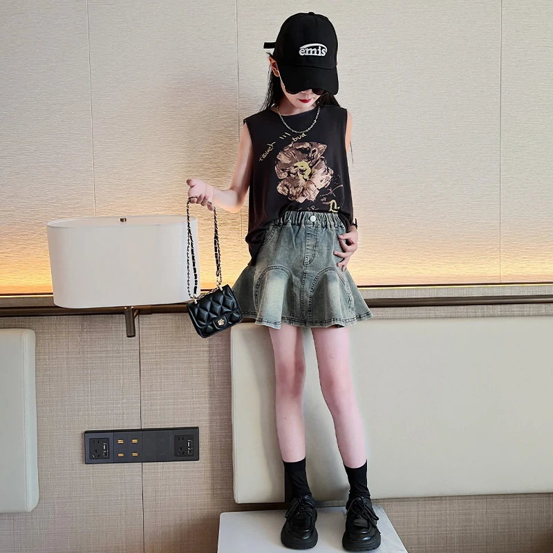 女童夏装套装2025新款洋气无袖背心两件套6-12岁大童儿童夏季休闲