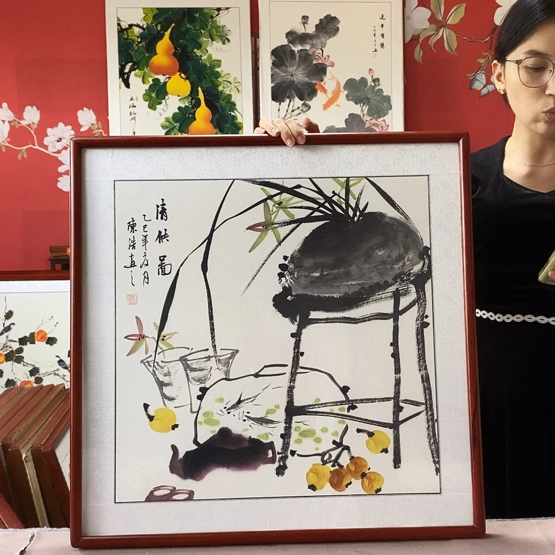 国画手写手绘国画作品带框包邮62✖️62