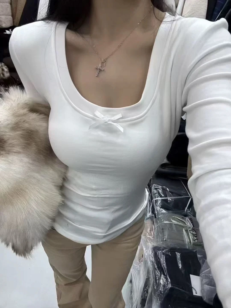 十三行2025秋冬磨毛绒新款韩版设计感小众U领长袖T恤打底衫上衣女