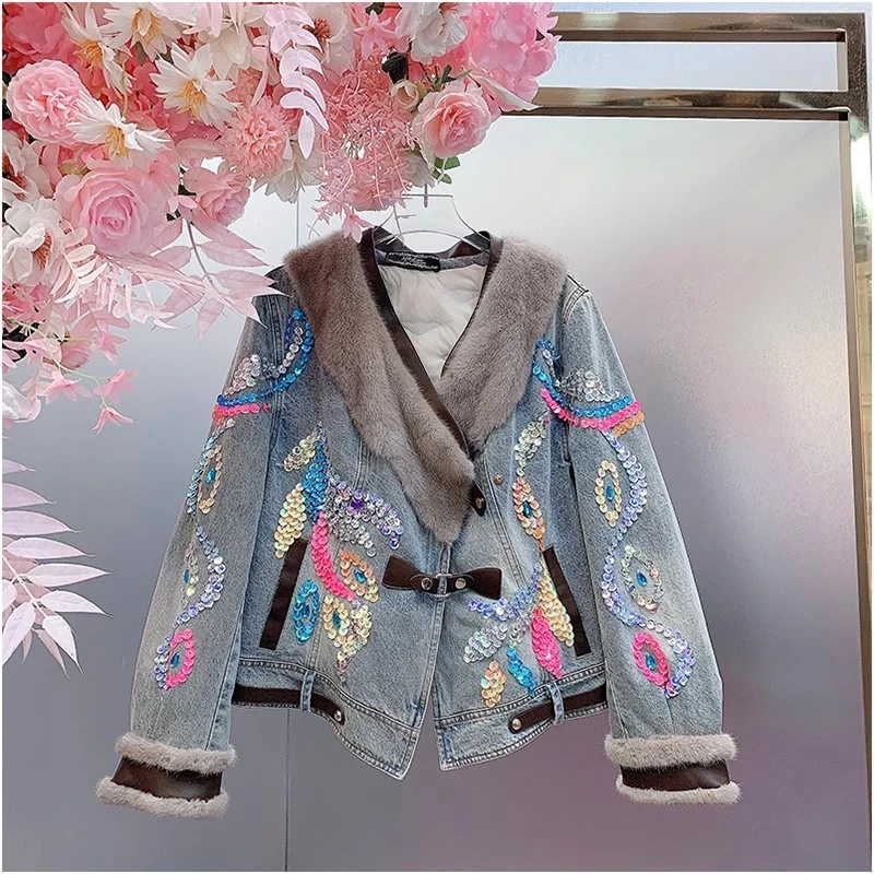 HH7140欧美设计师2025早春新款重工亮片花V领休闲牛仔外套