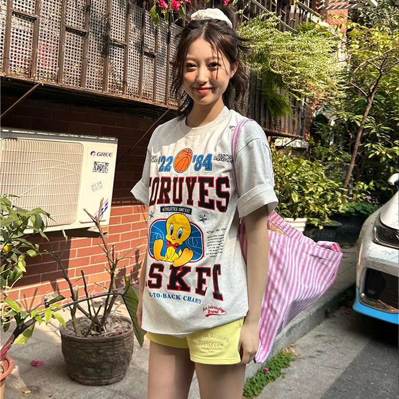 FORUYES官方店 春夏新款美式小鸟篮球字母印花情侣潮圆领t恤短袖