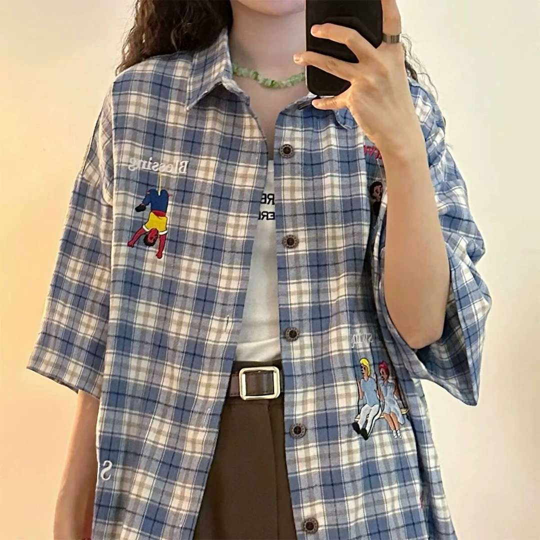 美式复古人物格子短袖衬衫男女夏季宽松百搭情侣衬衣时尚格纹翻领