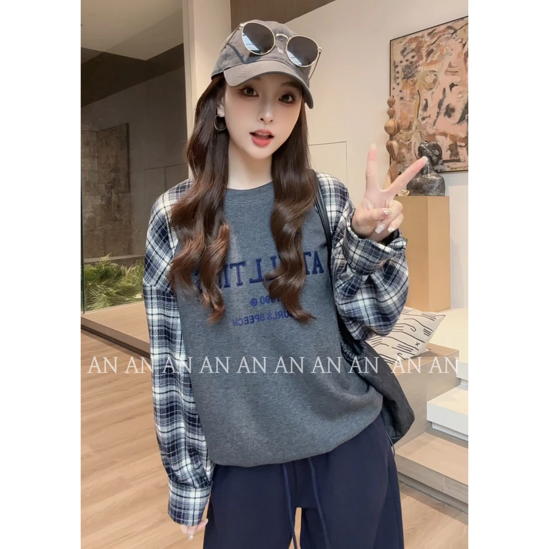C08326新款美式宽松慵懒风休闲个性拼接格子袖字母卫衣