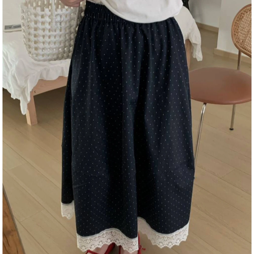 2025新款时尚洋气波点拼蕾丝花百搭大摆拼接休闲半身裙宽松印花