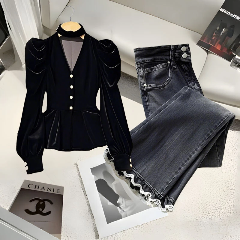 2025春秋时尚法式V领丝绒衬衫小众高级感蕾丝边休闲阔腿裤两件套