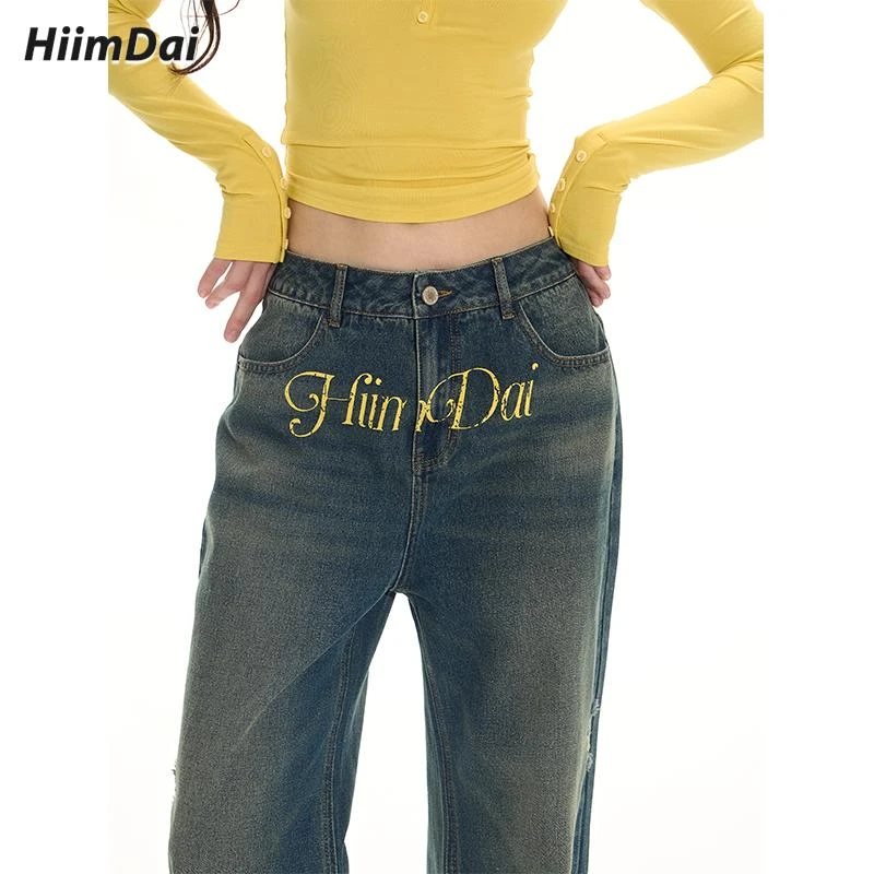 HiimDai 自由序 松弛感宽松显瘦 复古做旧磨破直筒低腰牛仔长裤