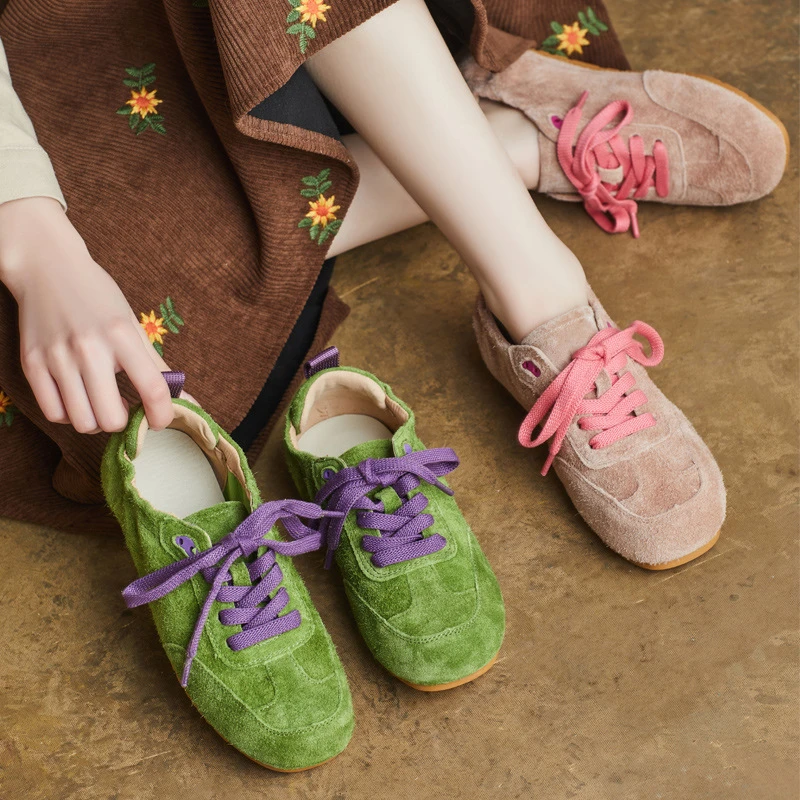 2025春季新款真皮手工复古舒适德训鞋女休闲板鞋平跟系带浅口单鞋