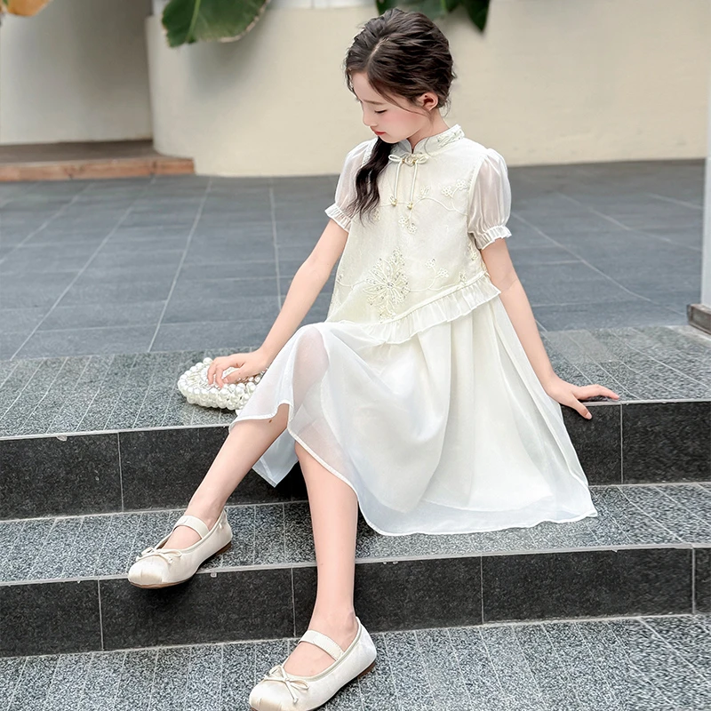 女童亮片绣连衣裙2025夏季新款大儿童新中式国风泡泡袖公主旗袍裙