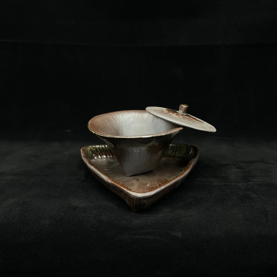 素慕堂手工三才盖碗三角形异形盖碗手做老岩泥仿古泡茶碗0219