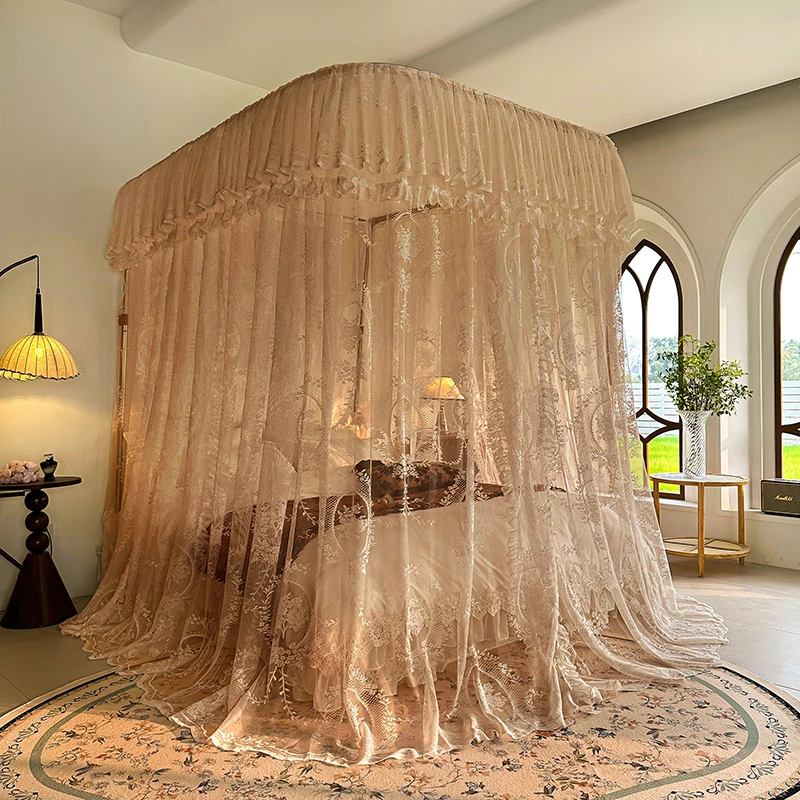 法式导轨蚊帐三开门双轨公主风蕾丝花床幔卧室落地款1.5m1.8米床