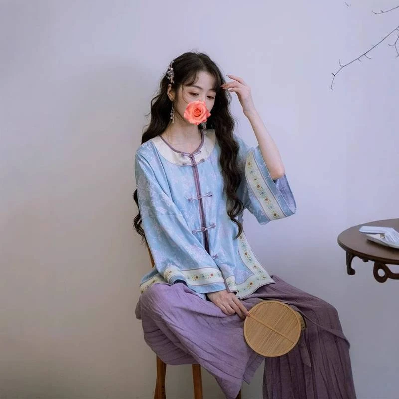 早秋新中式国风上衣阔腿裤套装温柔文艺收腰超仙女复古哒【西楼月