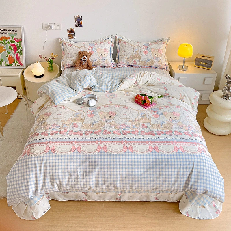 宝利熊 母婴全棉100%ins 风四季款工艺床裙款精梳斜纹棉套件