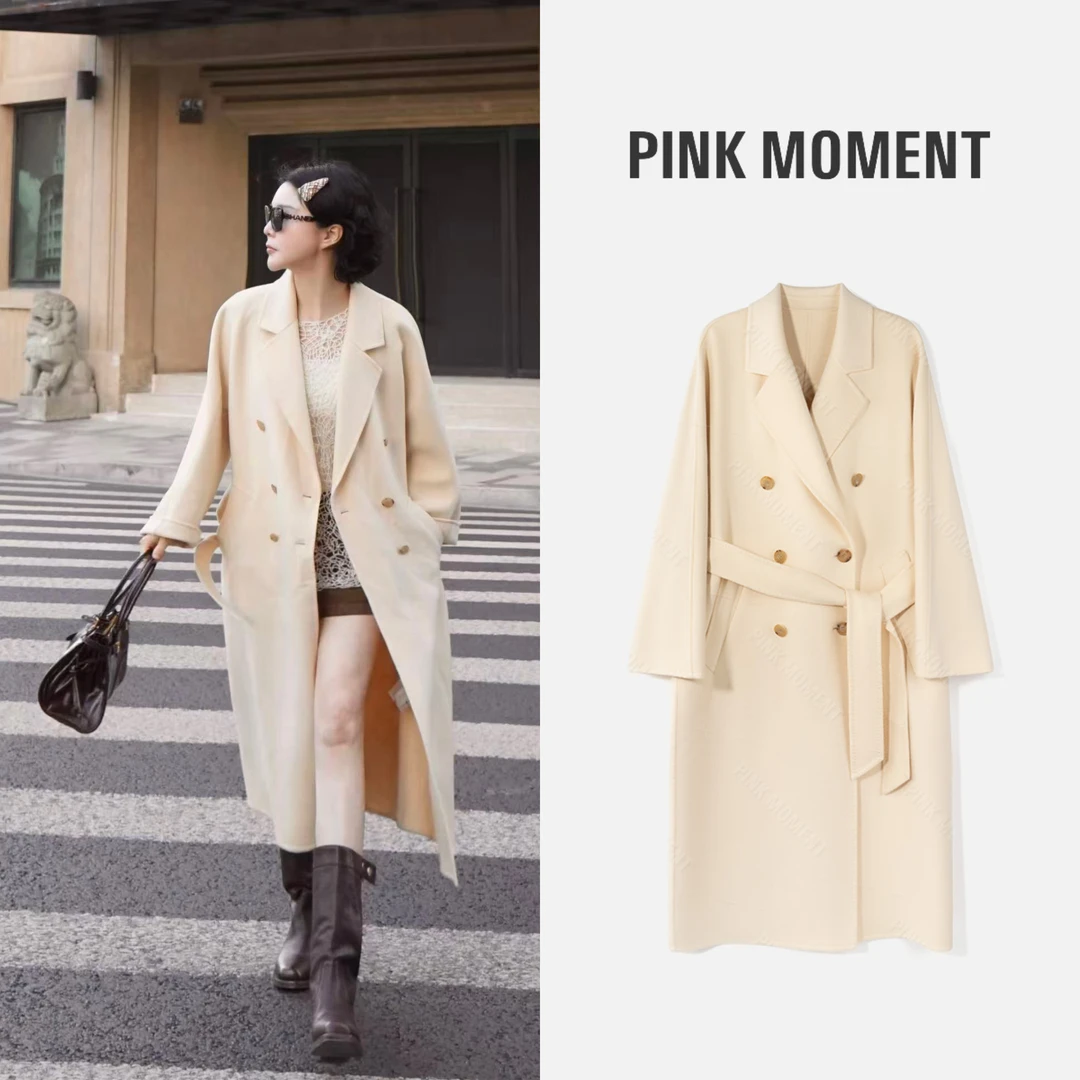 PM王囡囡 米黄色骆驼绒经典双排扣毛呢大衣 ND1D1850