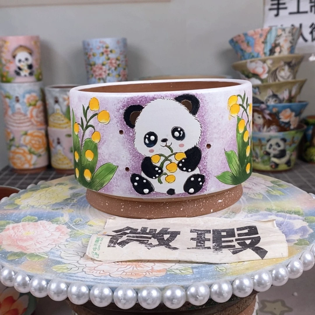 紫砂花盆红陶手绘花盆