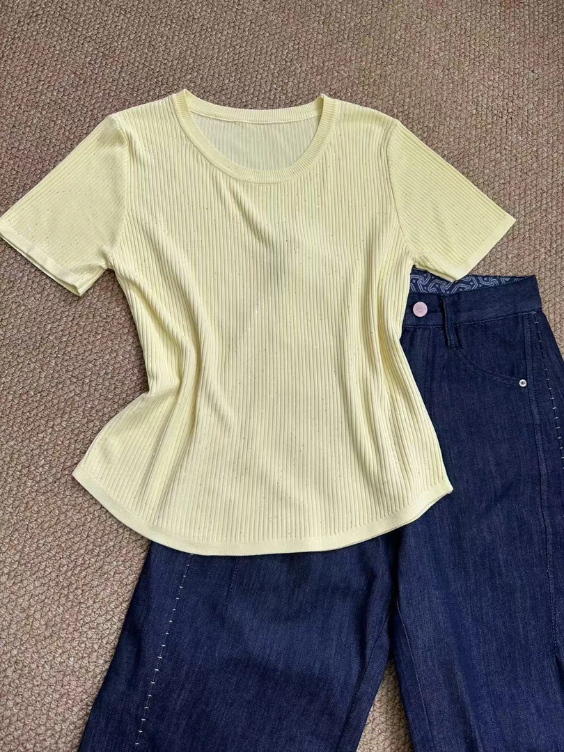 深圳南油白桃美美 满天星圆领短袖针织夏季新款减龄显瘦百搭A2599