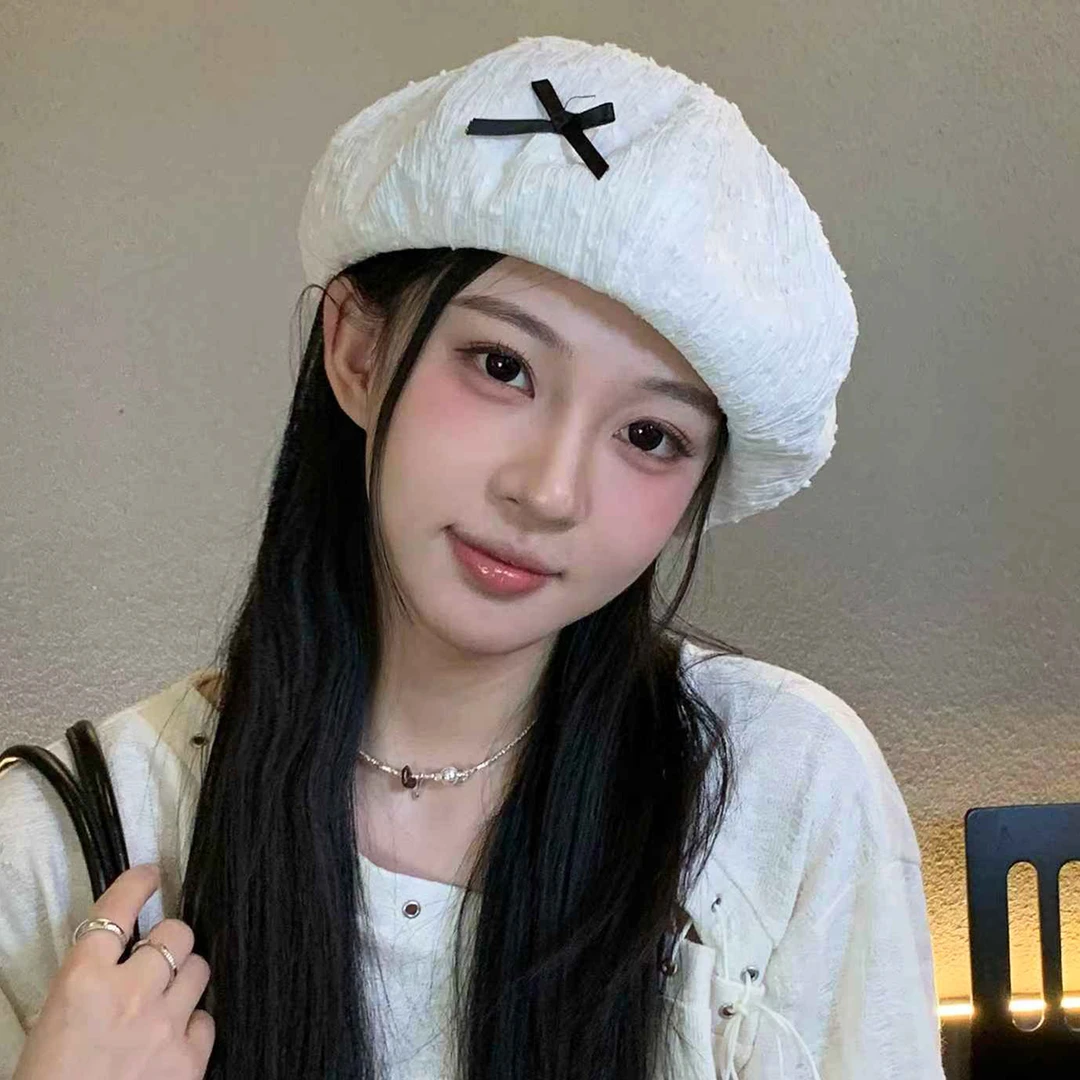 日系可爱蝴蝶结贝雷帽子女款春夏季文艺百搭修饰脸型显脸小画家帽