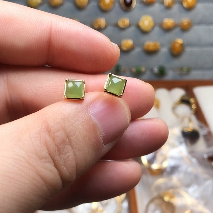 和田玉（碧玉）银S925镀金镶嵌耳饰耳钉2