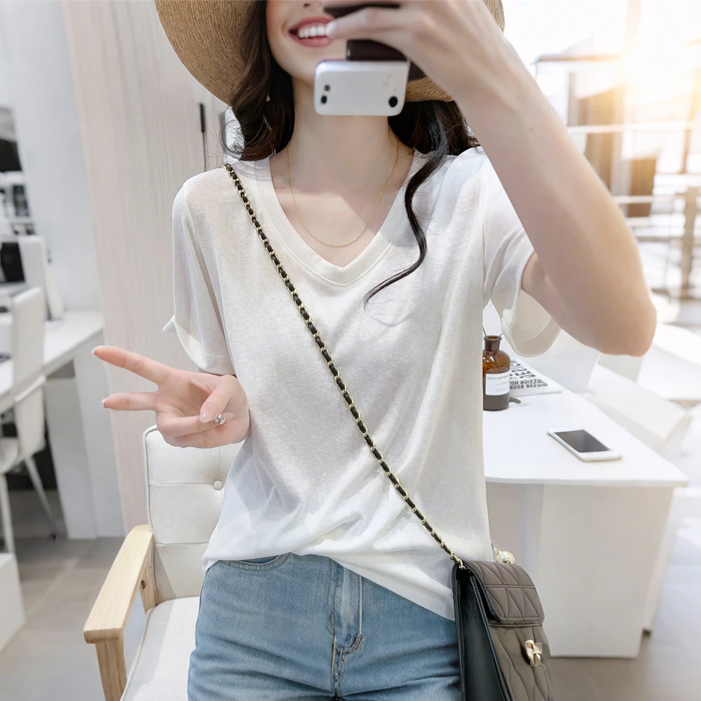 韩版雪花棉V领正肩短袖t恤女夏季薄款纯色宽松洋气简约休闲上衣潮