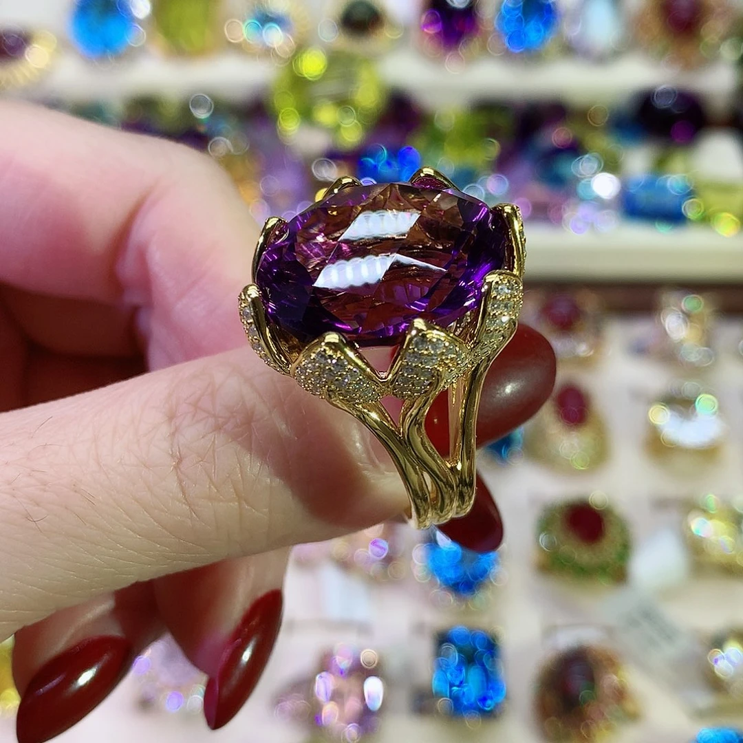 紫晶戒指银S925镀金镶嵌